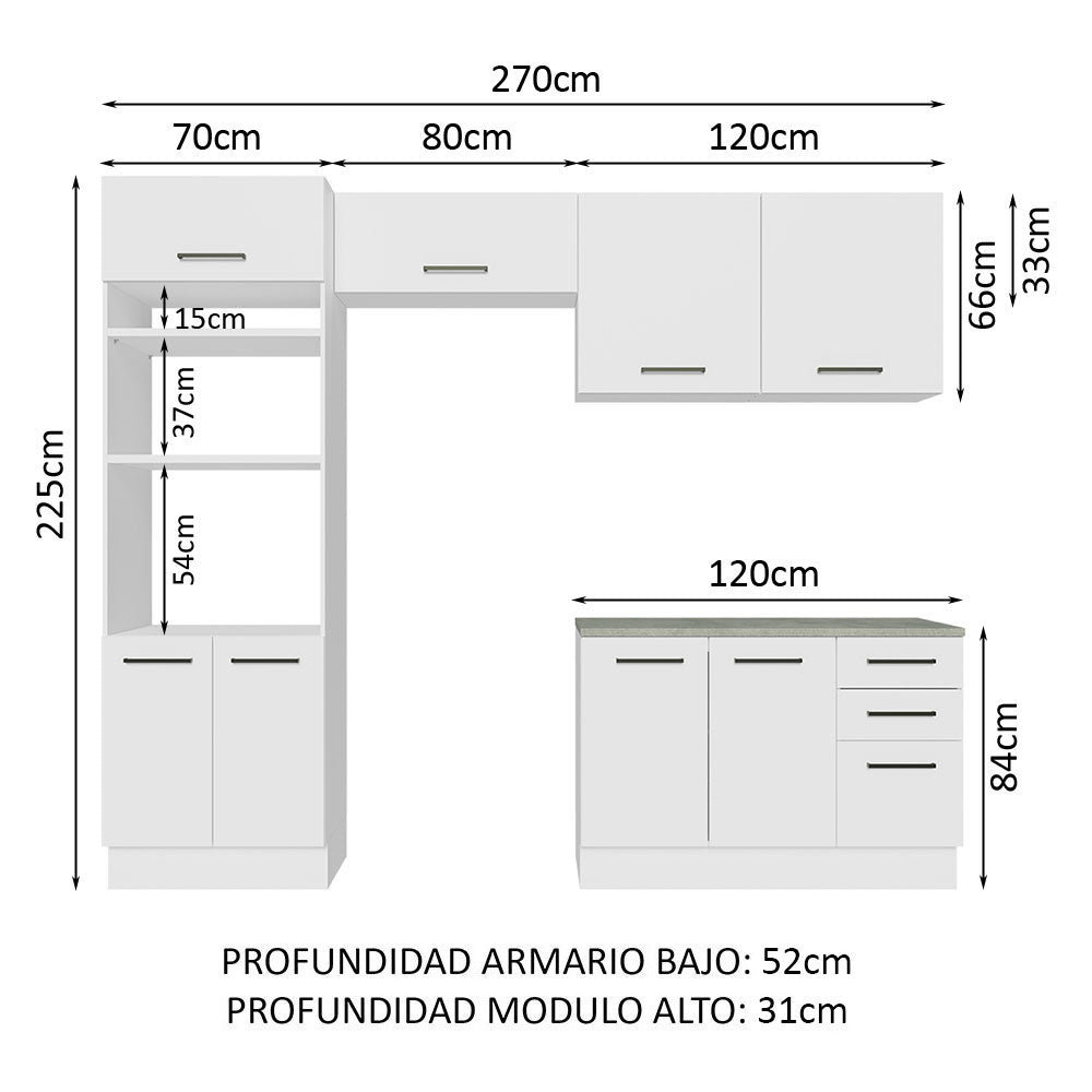 Cocina Integral 270 x 52 cm 8 Puertas 3 Cajones Blanco Agata Madesa 07