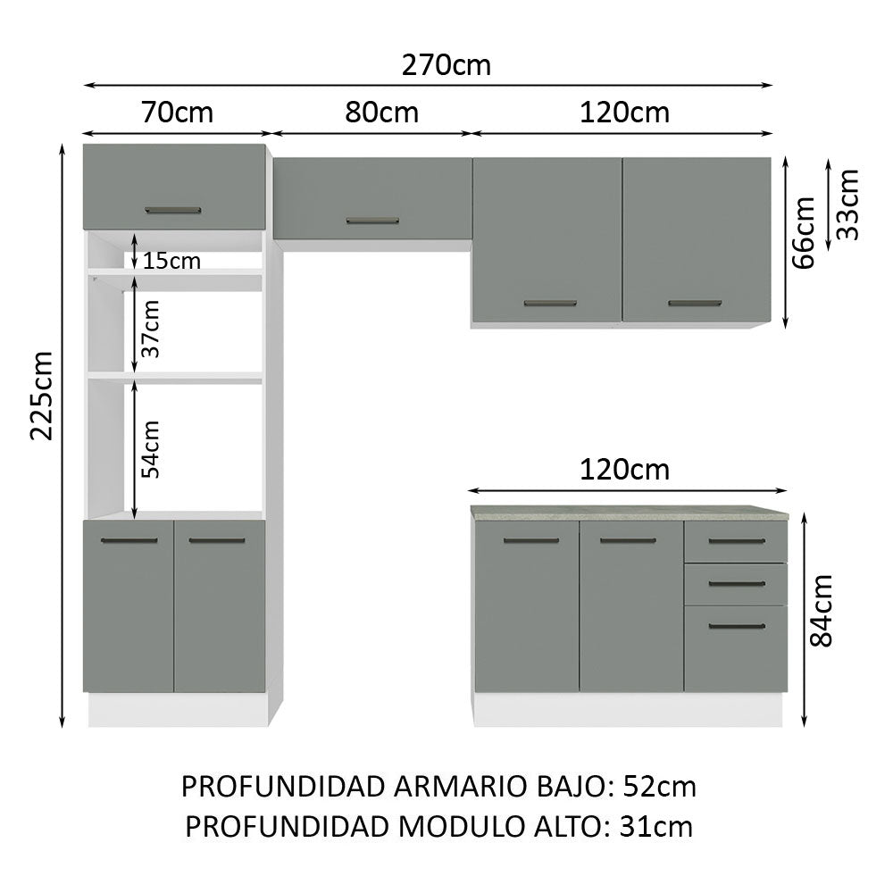Cocina Integral 270 x 52 cm 8 Puertas 3 Cajones Blanco/Gris Agata Madesa 07