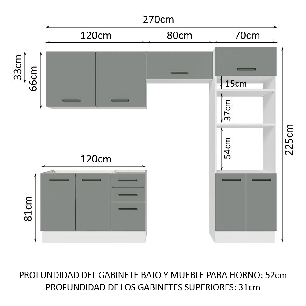 Cocina Integral 270 x 52 cm 8 Puertas 3 Cajones Blanco/Gris Agata Madesa 08