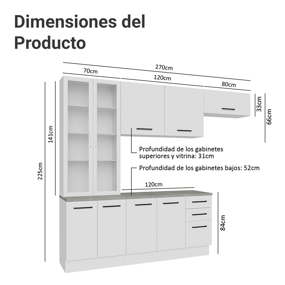 Cocina Integral 270 x 52 cm 9 Puertas 3 Cajones Blanco Agata Madesa