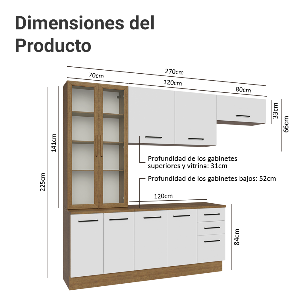 Cocina Integral 270 x 52 cm 9 Puertas 3 Cajones Marrón/Blanco Agata Madesa