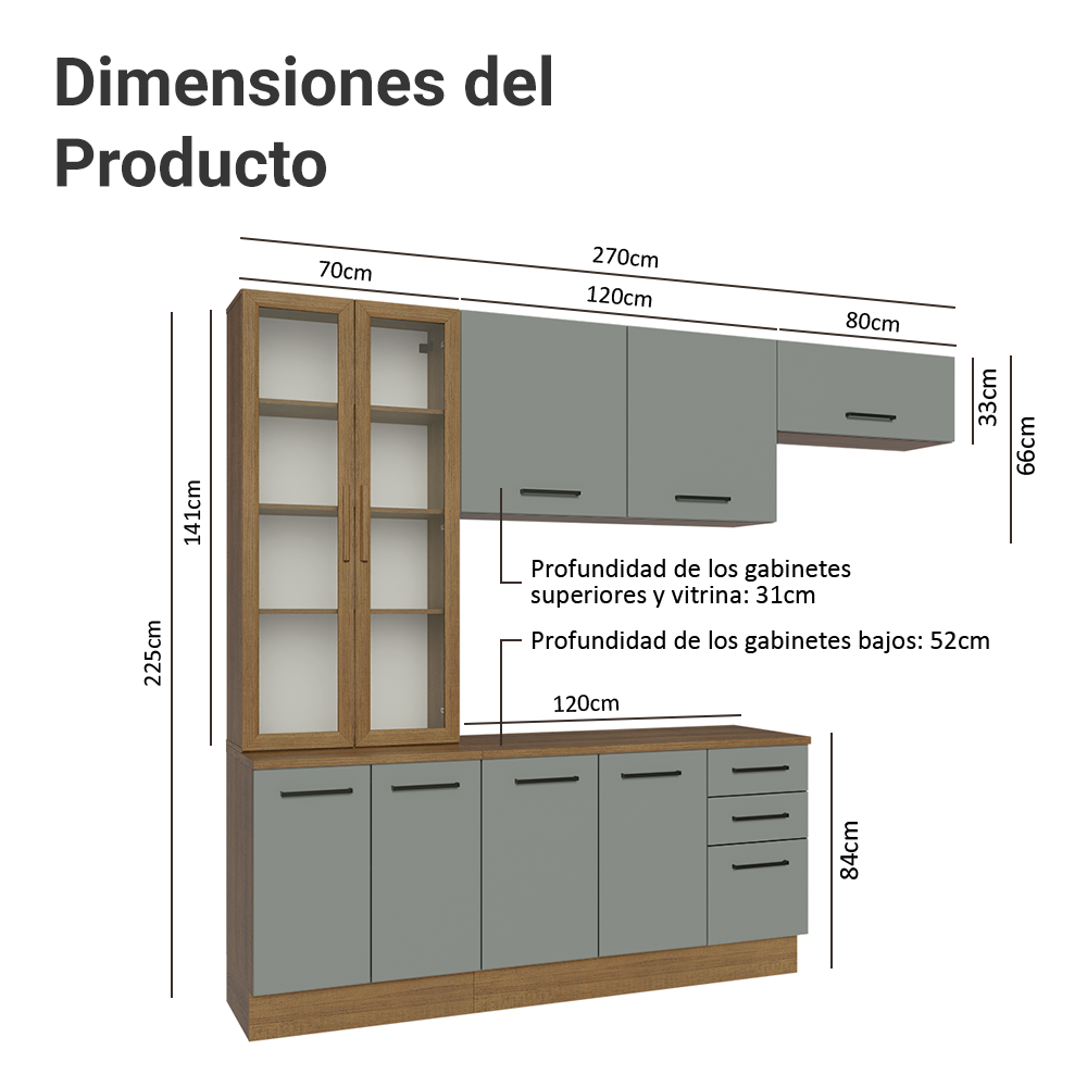 Cocina Integral 270 x 52 cm 9 Puertas 3 Cajones Marrón/Gris Agata Madesa