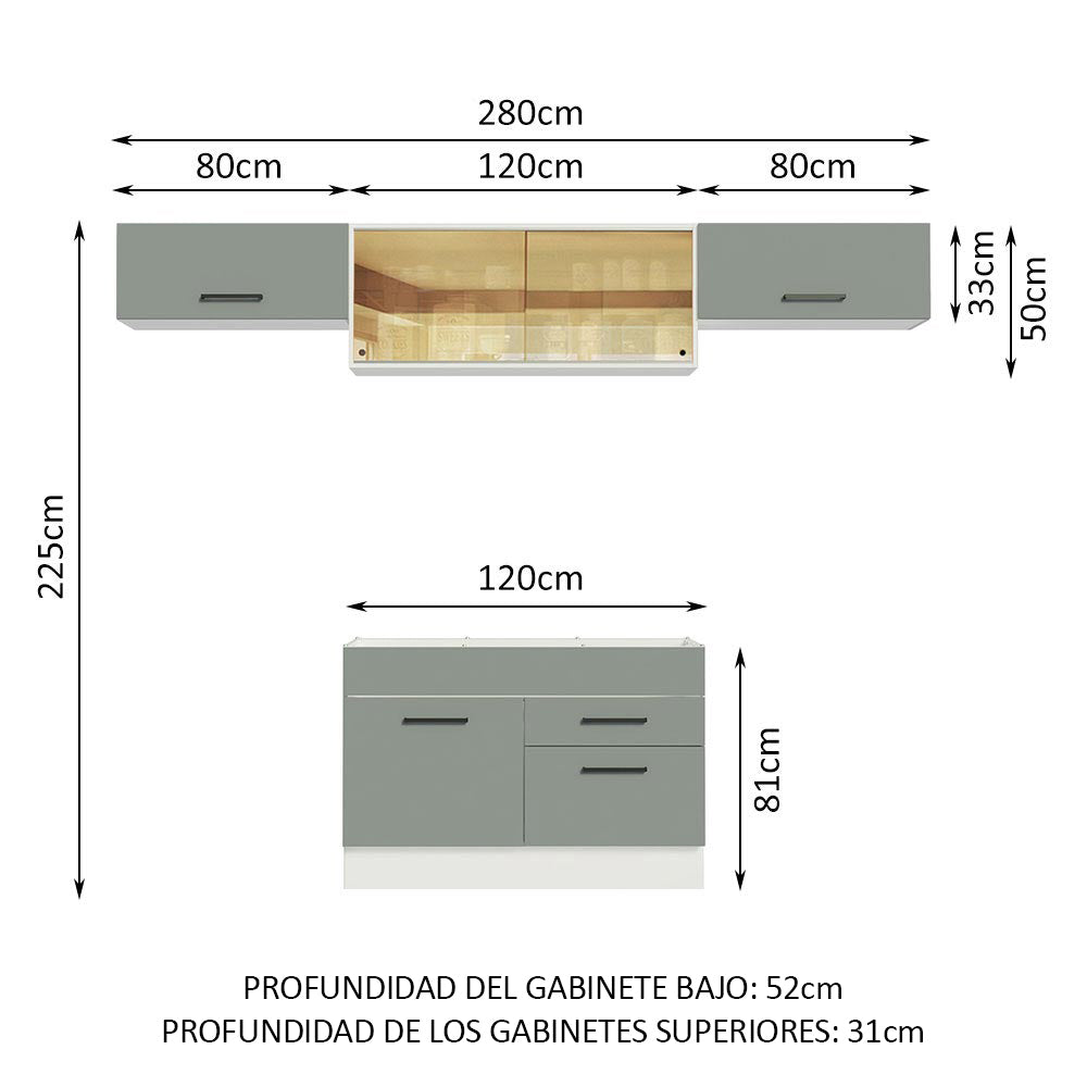 Cocina Integral 280 x 52 cm 5 Puertas 2 Cajones Blanco/Gris Agata Madesa