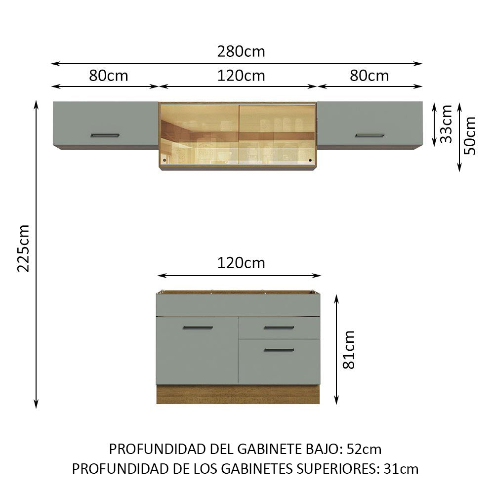 Cocina Integral 280 x 52 cm 5 Puertas 2 Cajones Marrón/Gris Agata Madesa