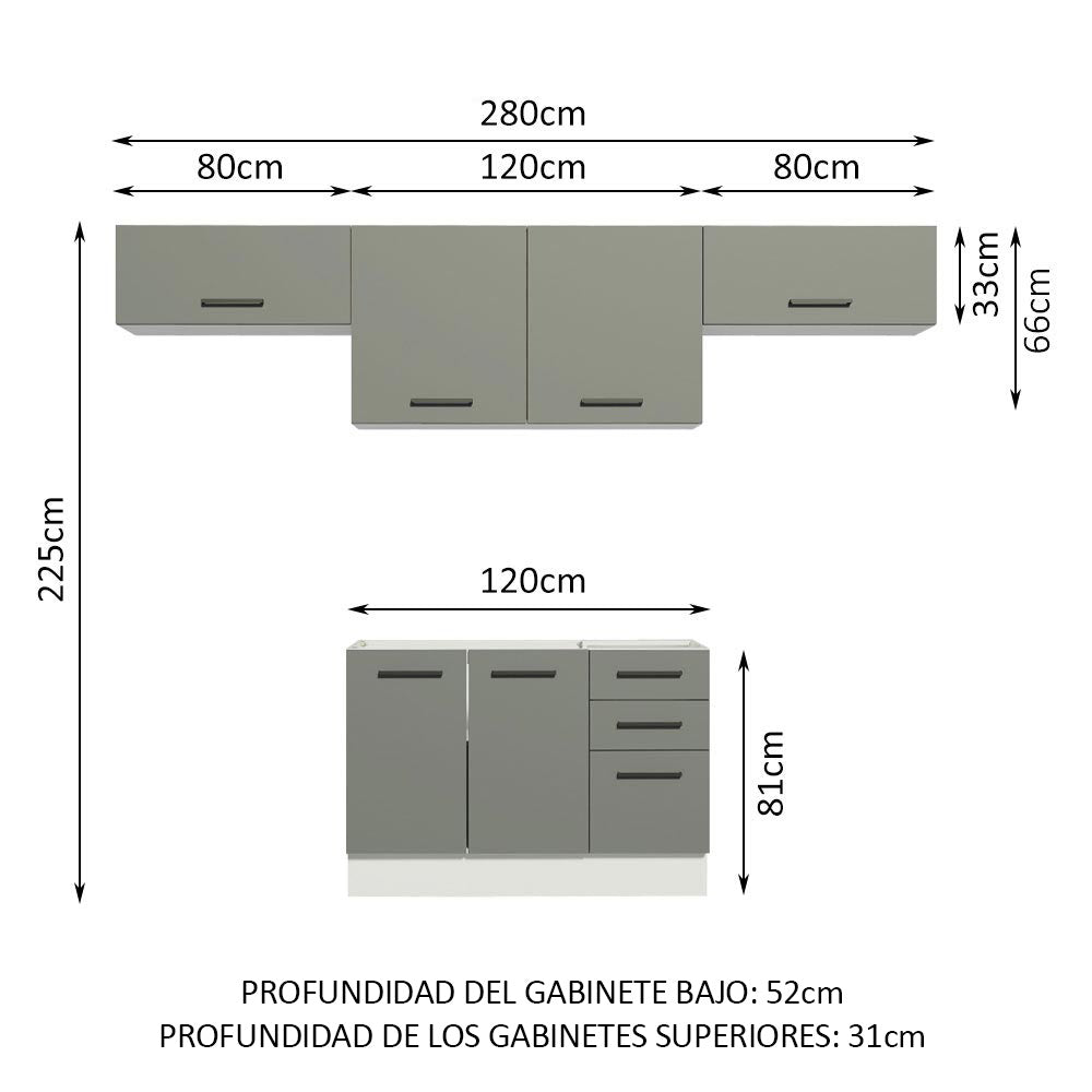 Cocina Integral 280 x 52 cm 5 Puertas 3 Cajones Blanco/Gris Agata Madesa 02