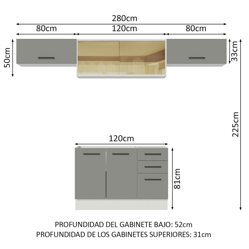 Cocina Integral 280 x 52 cm 5 Puertas 3 Cajones Blanco/Gris Agata Madesa 03