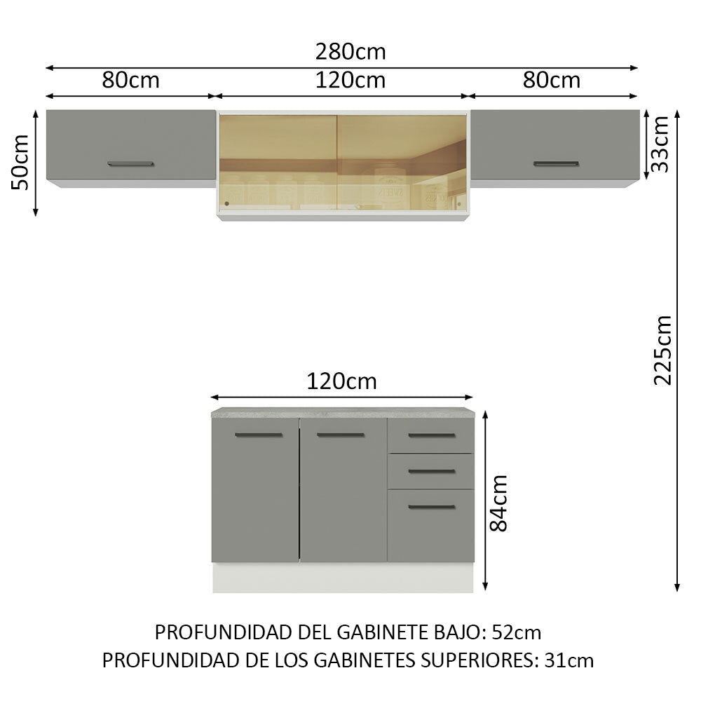 Cocina Integral 280 x 52 cm 5 Puertas 3 Cajones Blanco/Gris Agata Madesa 04