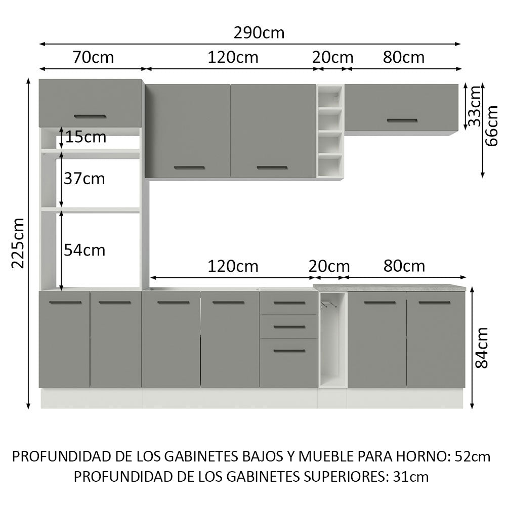 Cocina Integral 290 x 52 cm 10 Puertas 3 Cajones Con Mueble para Horno Blanco/Gris Agata Madesa 05