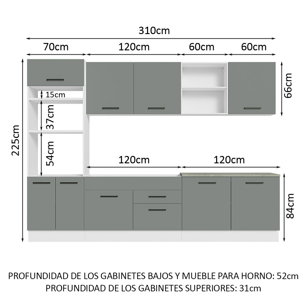 Cocina Integral 310 x 52 cm 9 Puertas 2 Cajones Con Mueble para Horno Blanco/Gris Agata Madesa