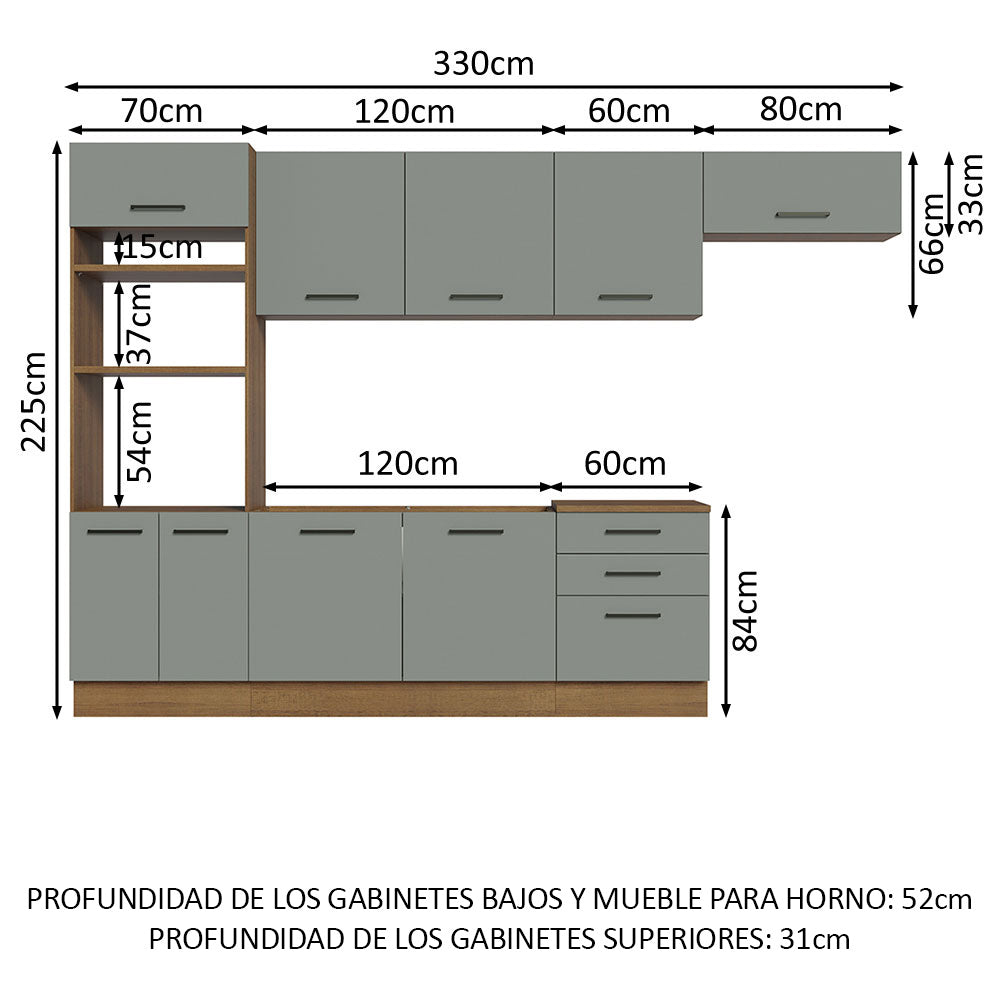 Cocina Integral 330 x 52 cm 9 Puertas 3 Cajones Con Mueble para Horno Marrón/Gris Agata Madesa