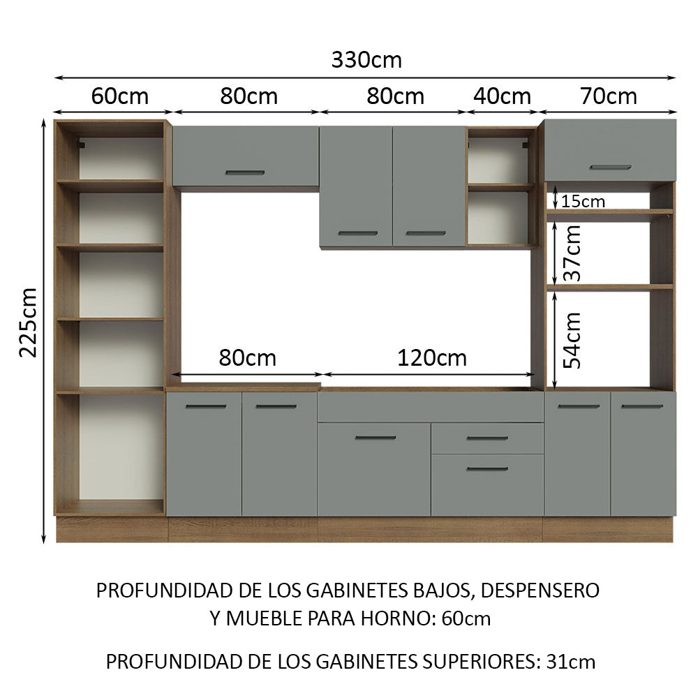 Cocina Integral 330 x 52 cm 9 Puertas 2 Cajones Con Mueble para Horno Marrón/Gris Agata Madesa