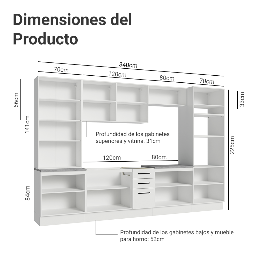 Cocina Integral 340 cm Con Mueble para Horno y Vitrina Blanco Agata Madesa