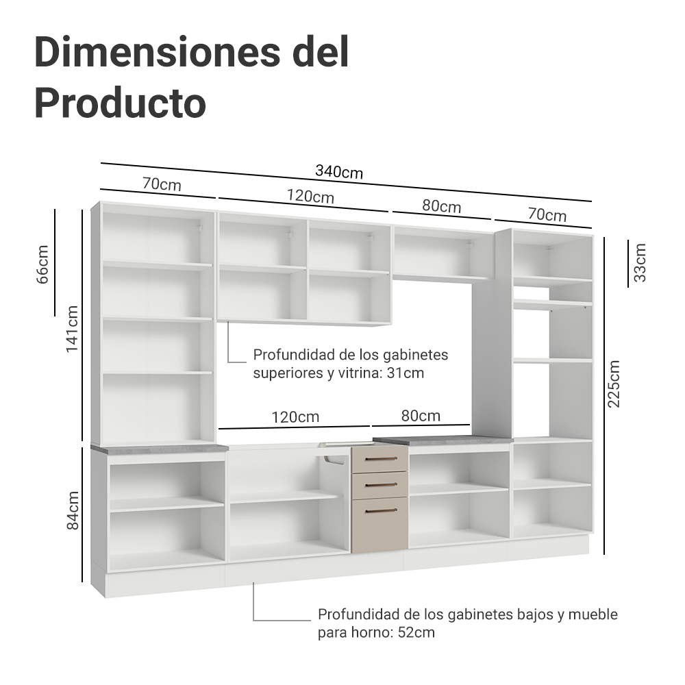 Cocina Integral 340 cm Con Mueble para Horno y Vitrina Blanco/Crema Agata Madesa