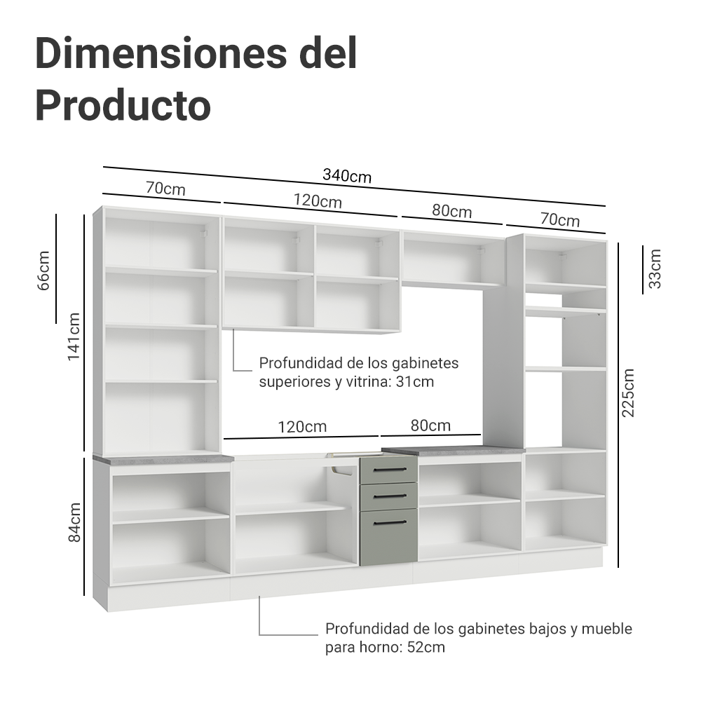 Cocina Integral 340 cm Con Mueble para Horno y Vitrina Blanco/Gris Agata Madesa
