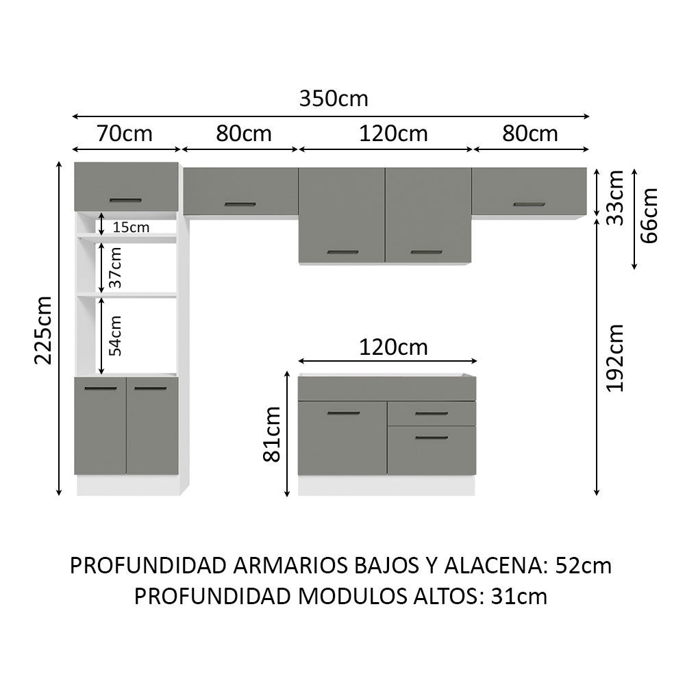Cocina Integral 350cm Blanco/Gris Agata 01
