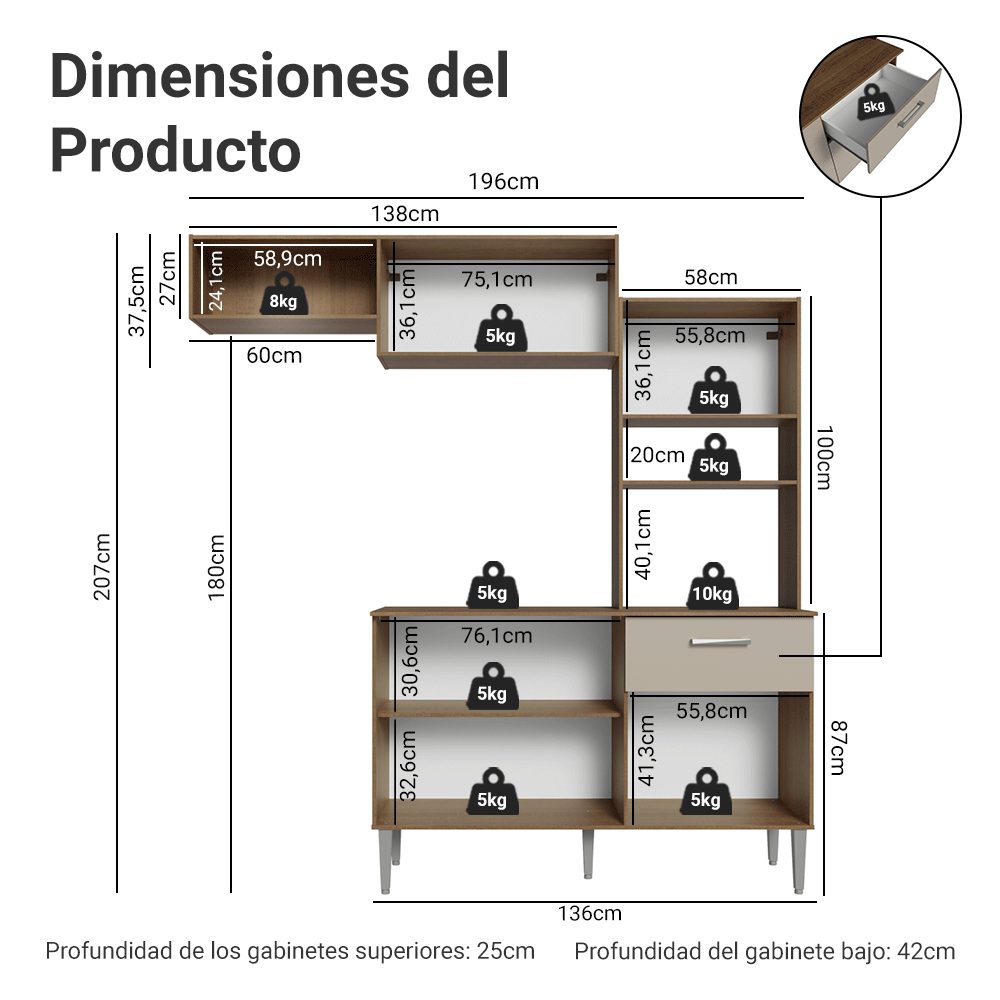 Cocina Integral 196cm Marrón/Crema Aura Madesa 01