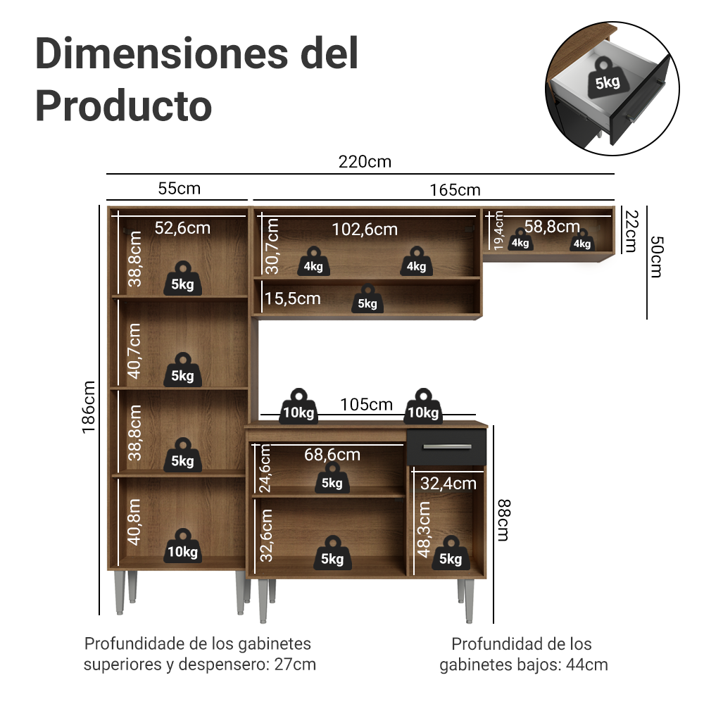 Cocina Compacta 220 cm Marrón/Negro Deli Madesa