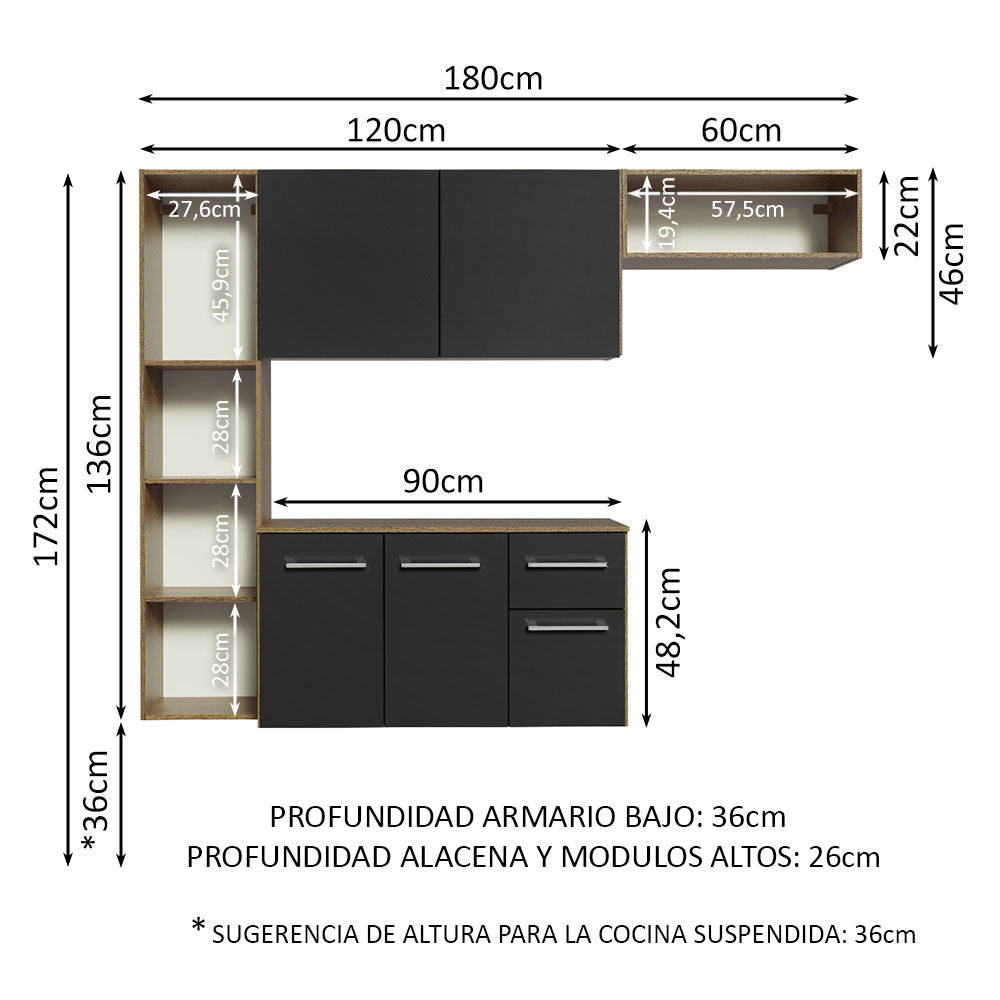 Cocina Compacta 180cm Marron/Negro Easy