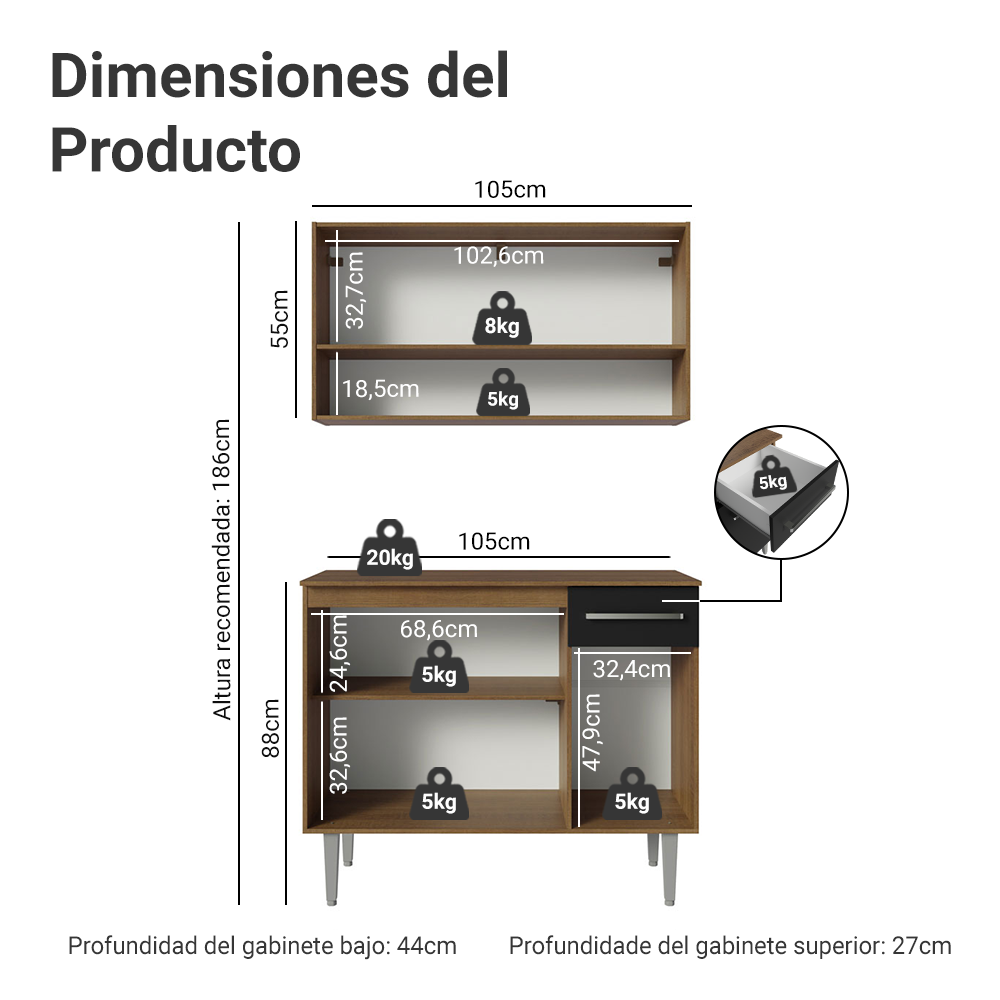 Cocina Integral 105cm Marrón/Negro Emilly 03