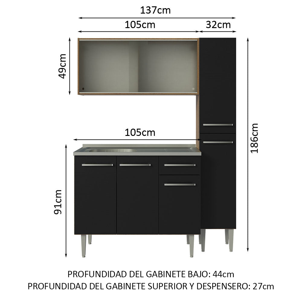 Cocina Compacta 137 cm Con Fregadero Marrón/Negro Emilly Madesa