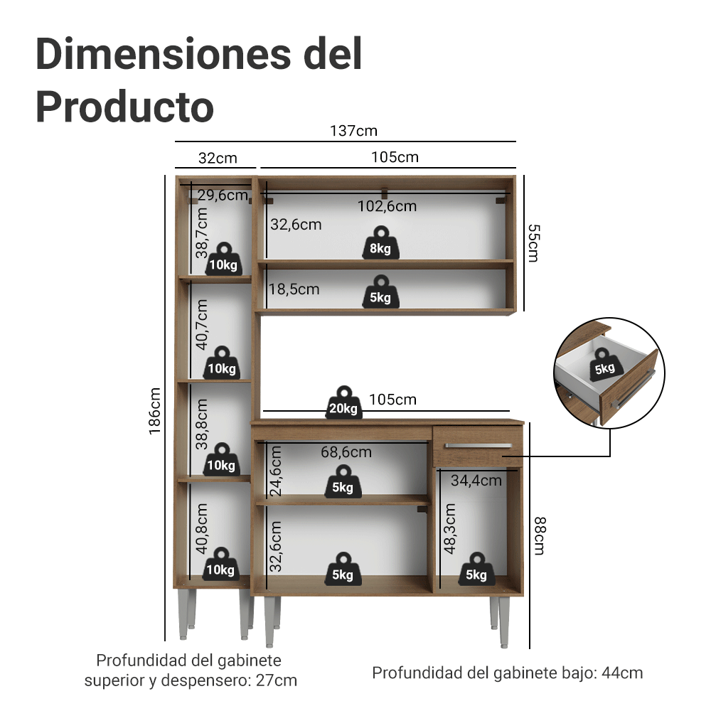 Cocina Integral 137 cm Marrón Emilly