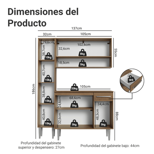 Cocina Compacta 137 cm Marrón Emilly Madesa