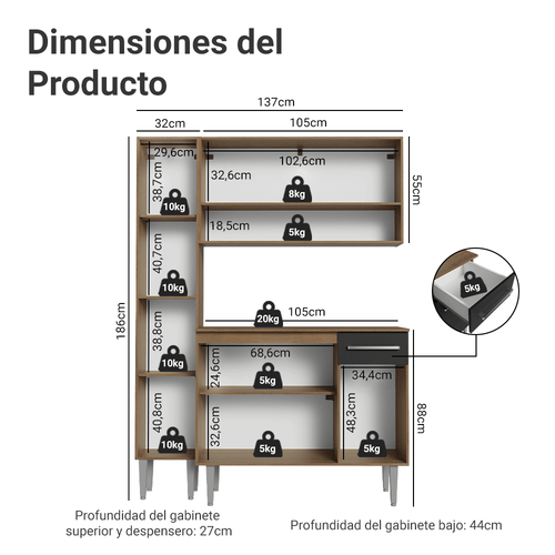 Cocina Compacta 137 cm Marrón/Negro Emilly Madesa