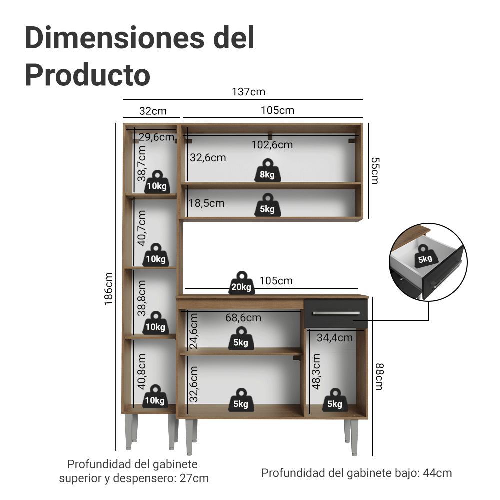 Cocina Compacta 137 cm Emilly Marrón/Negro 012
