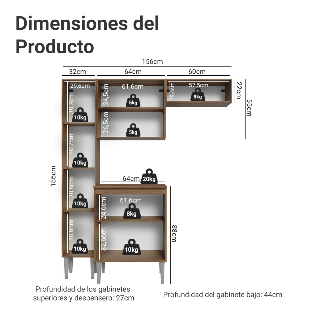 Cocina Compacta 156 cm Emilly Marrón/Negro 01
