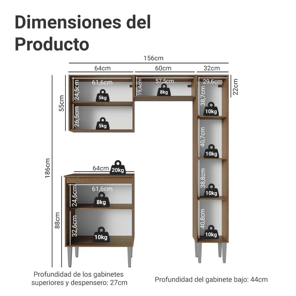 Cocina Compacta 156 cm Emilly Marrón 02