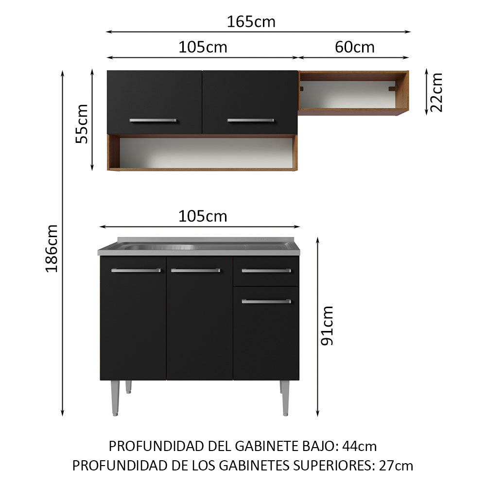 Cocina Compacta 165 cm 5 Puertas 1 Cajón Con Fregadero Marrón/Negro Emilly Madesa 09