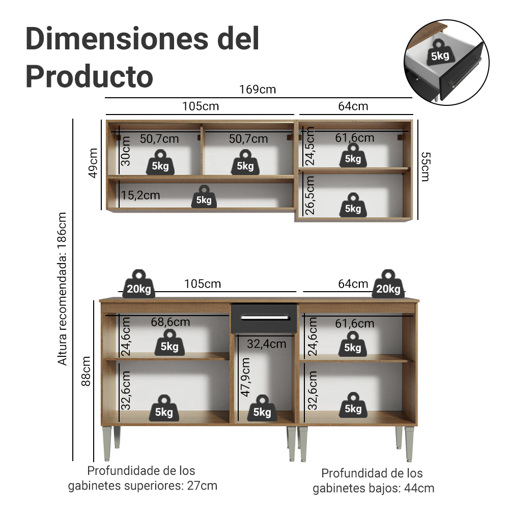 Cocina Compacta 169cm Marrón/Negro Emilly Box 03