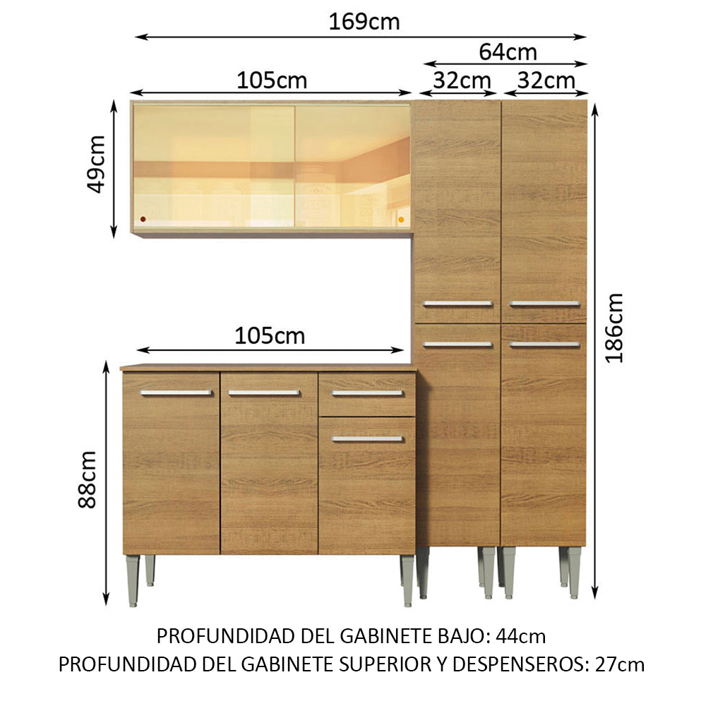 Cocina Compacta 169 cm 9 Puertas 1 Cajón Marrón Emilly Madesa 06