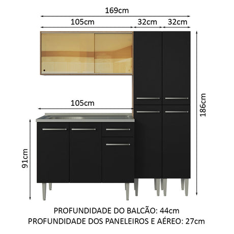 Cocina Compacta 169cm Com Mesón de Acero Marrón/Negro Emilly Madesa 12