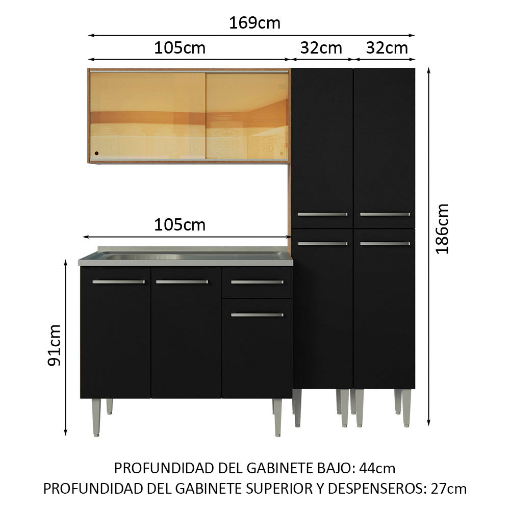 Cocina Compacta 169 cm Con Fregadero Marrón/Negro Emilly Madesa