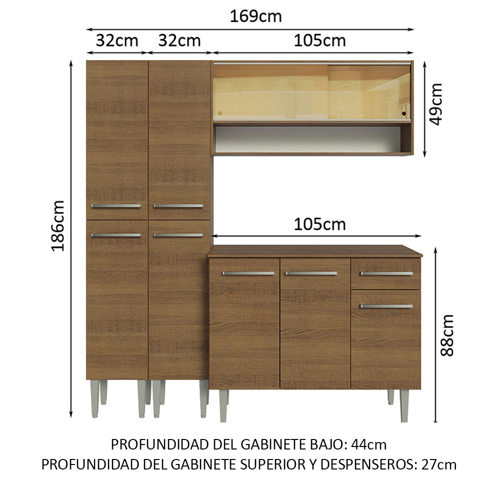 Cocina Compacta 169cm sin Fregadero Marrón Emilly 13