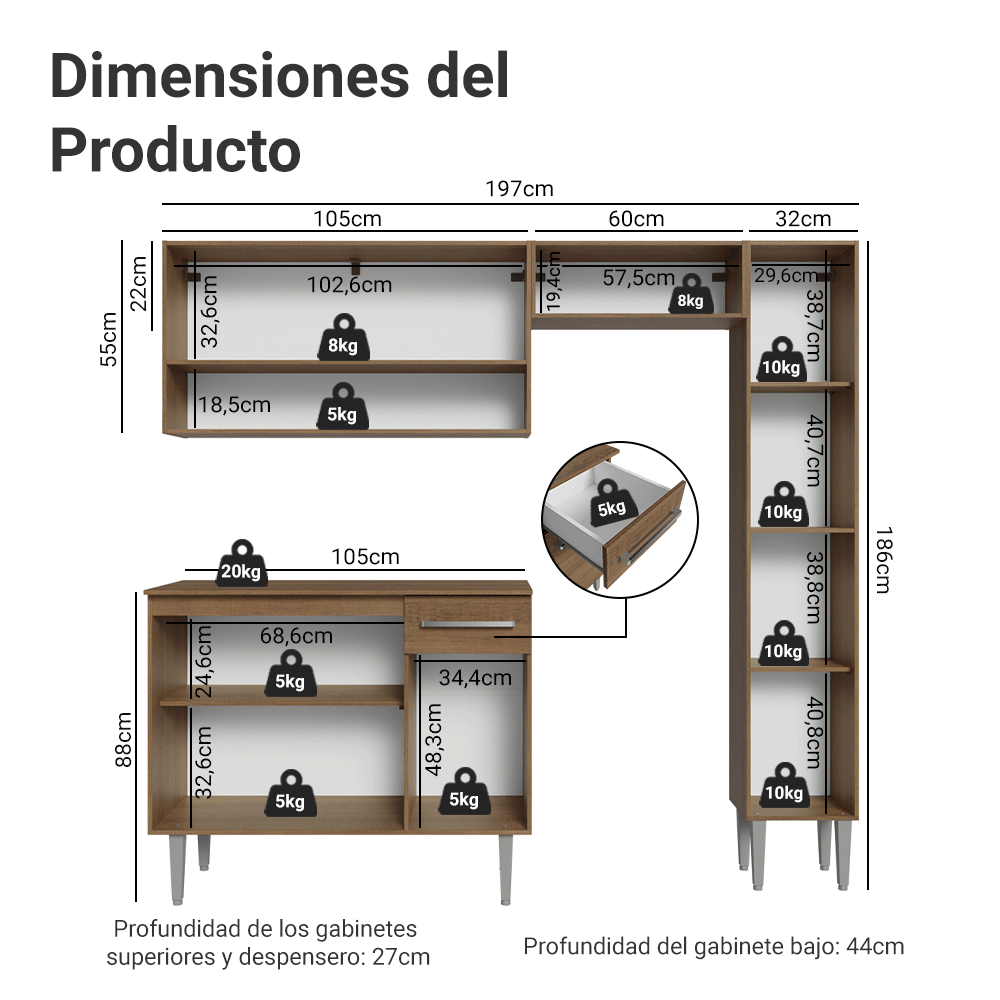 Cocina Compacta 197 cm Marrón Emilly Madesa