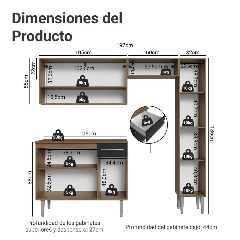 Cocina Compacta 197 cm Marrón/Negro Emilly Madesa