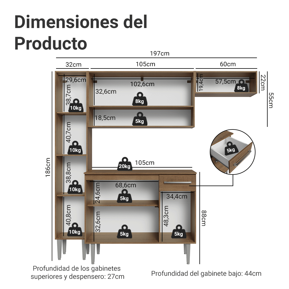 Cocina Compacta 197 cm Emilly Marrón 02