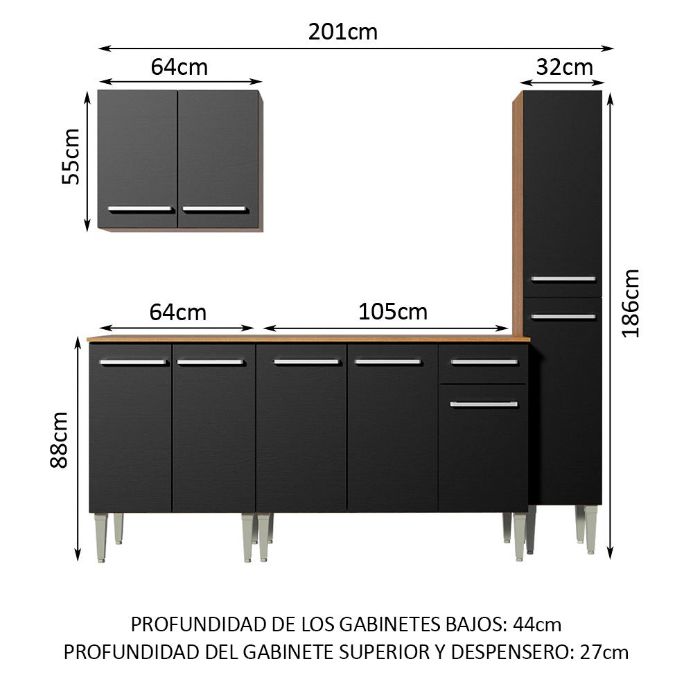 Cocina Compacta 201 cm Marrón/Negro Emilly Madesa