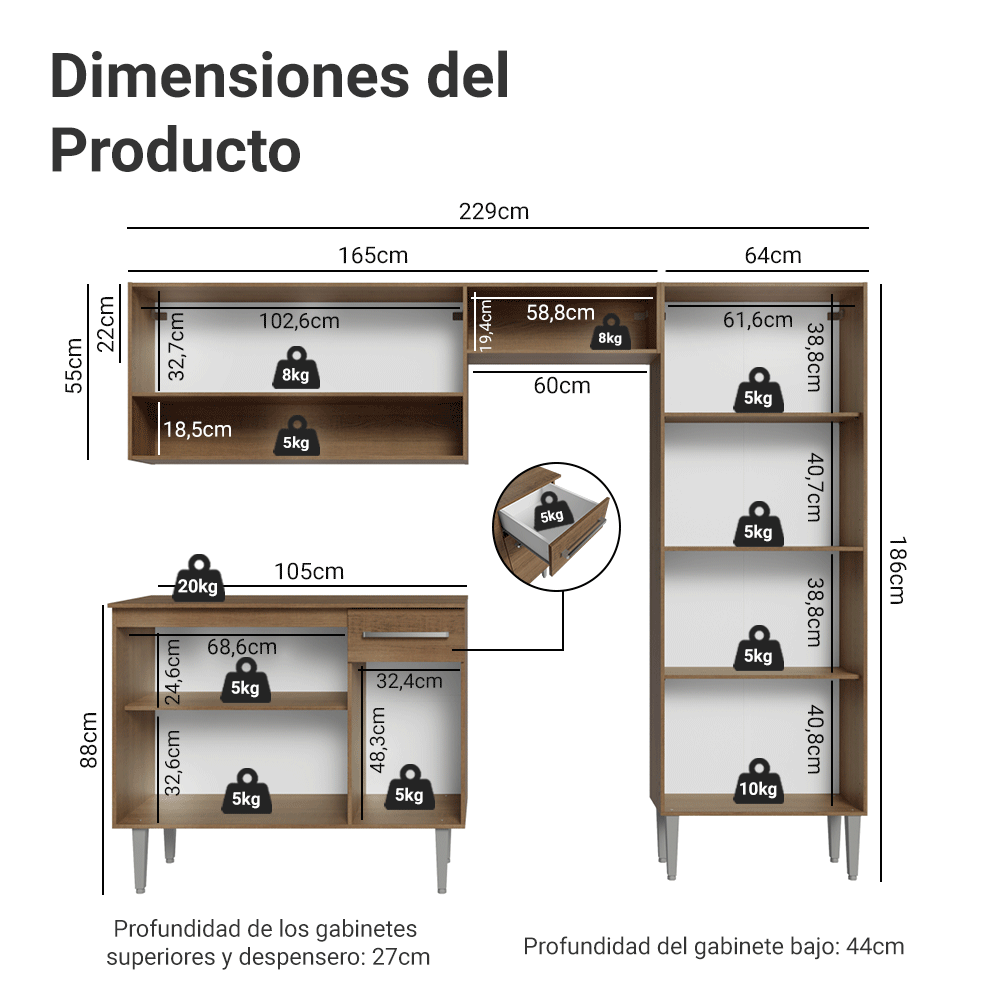 Cocina Integral 229cm sin Fregadero Marrón Emilly Pop 02