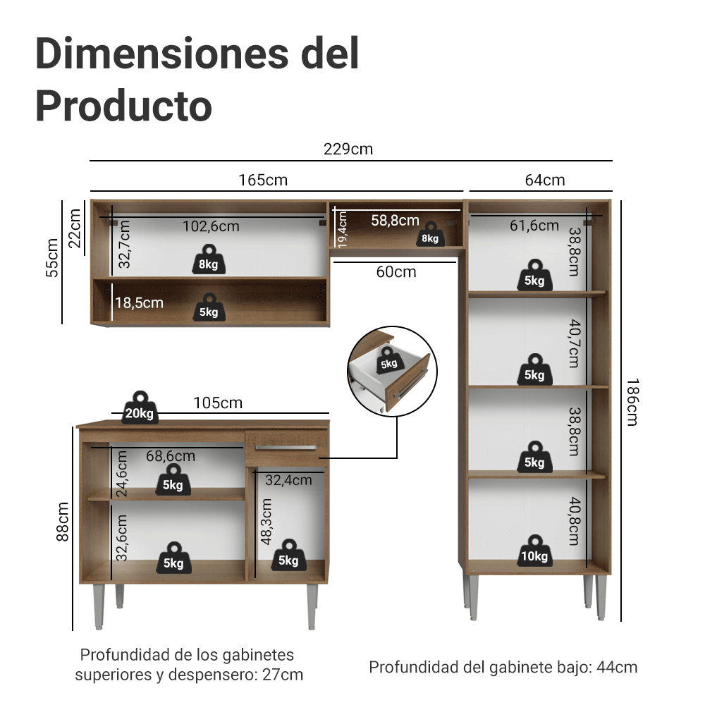 Cocina Compacta 229 cm Marrón/Blanco Emilly Madesa