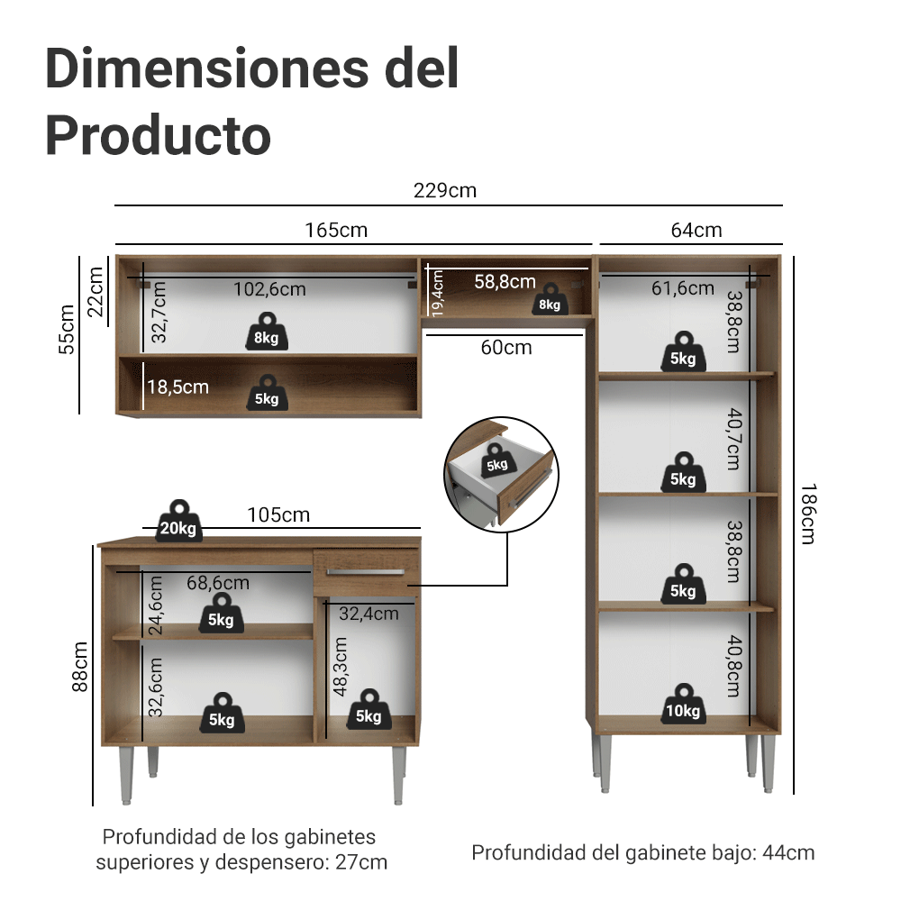 Cocina Integral 229cm Marrón/Gris Emilly Pop 02