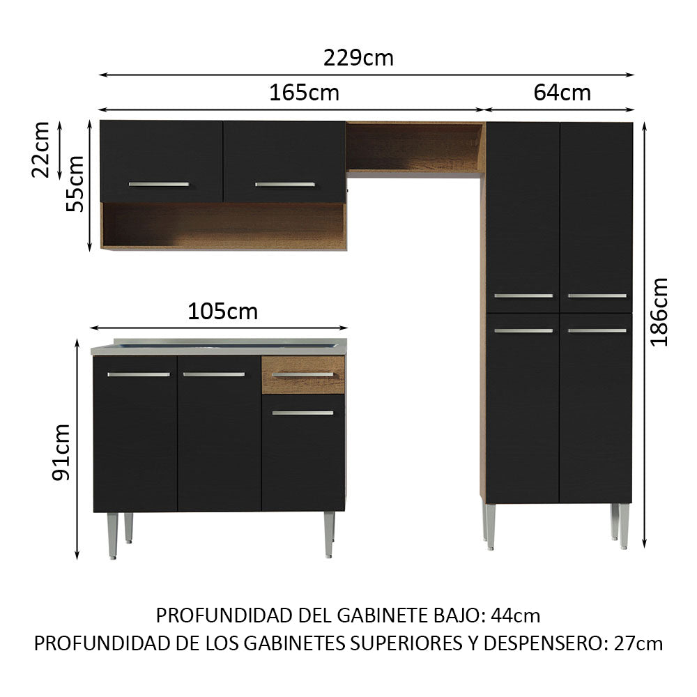Cocina Integral 229cm con Fregadero Marrón/Negro Emilly 10