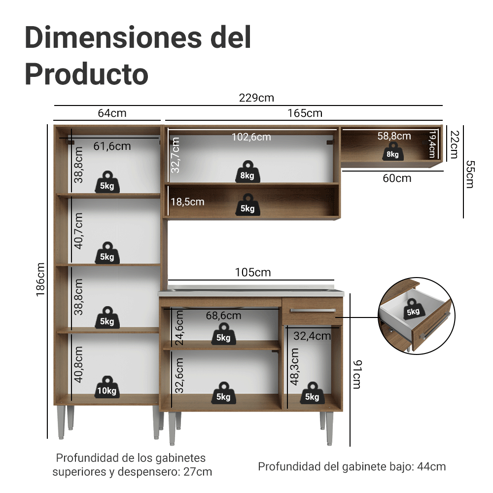 Cocina Compacta 229 cm 9 Puertas 1 Cajón Con Fregadero Marrón Emilly Madesa 12