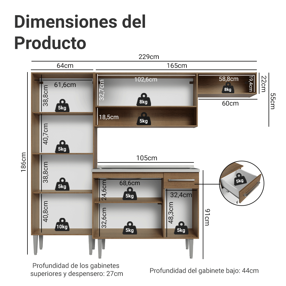 Cocina Integral 229cm con Fregadero Marrón/Blanco Emilly 12