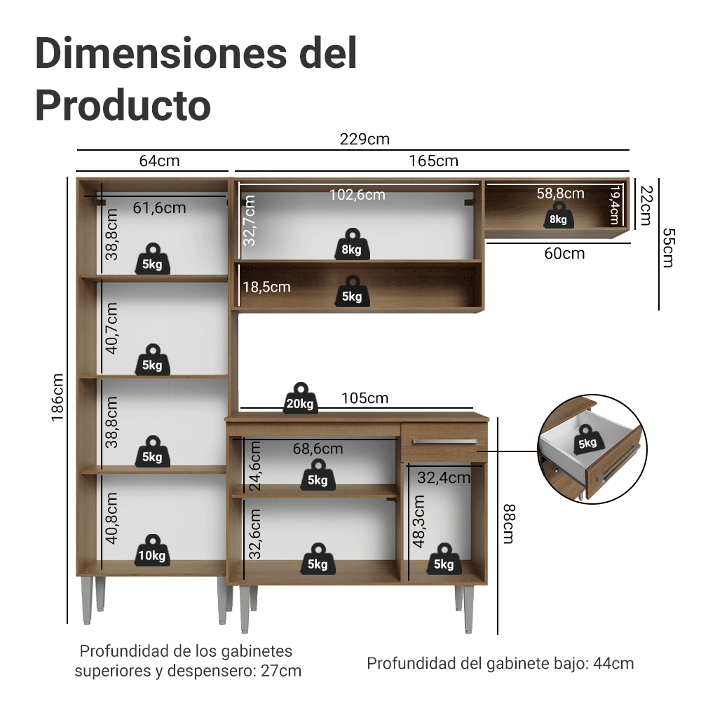 Cocina Compacta 229 cm Emilly Marrón 016
