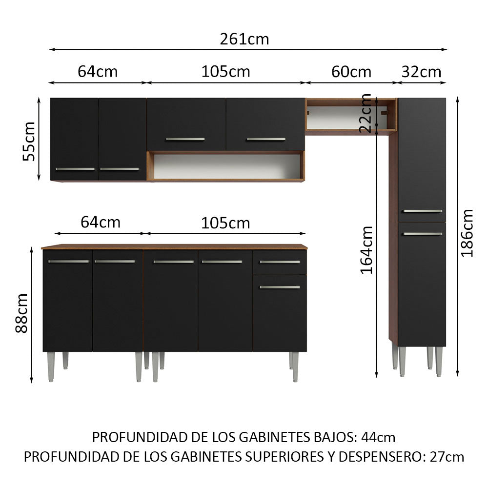 Cocina Compacta 261cm Marrón/Negro Emilly 09