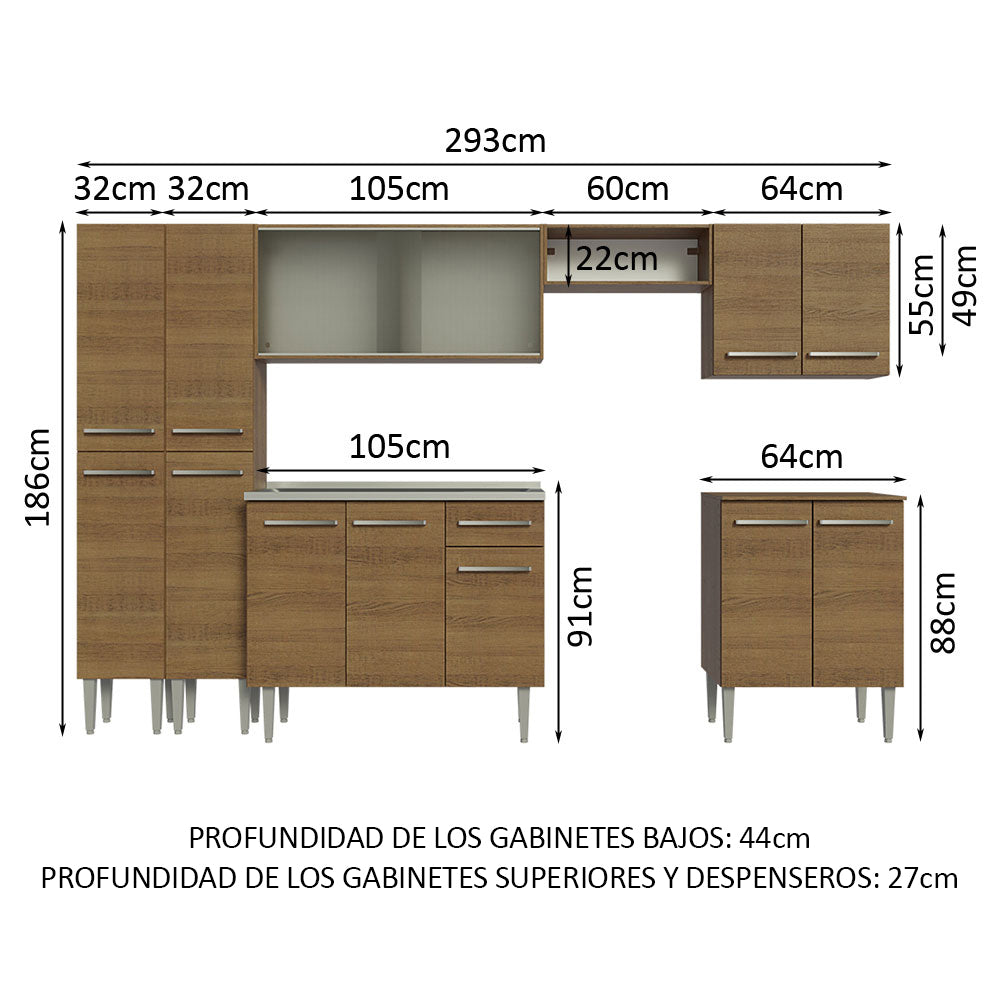 Cocina Integral 293cm con Fregadero Marrón Emilly 06