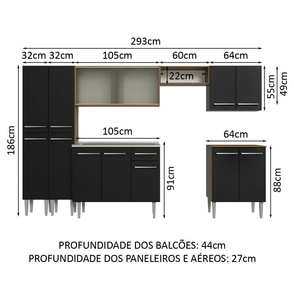 Cocina Integral 293cm con Fregadero Marrón/Negro Emilly 06